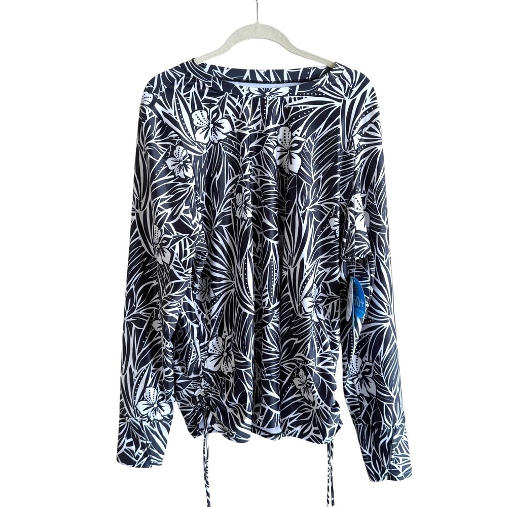 Sol Borne Womens 3X Black White Tropical Floral Rash Guard UPF 50+ Sun Shirt NWT
